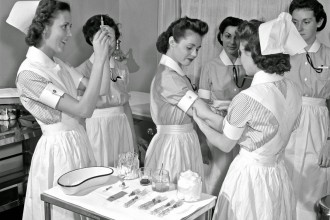 Nurse training. In New York City's School of Nursing Residence, advanced students give the Schick and Dick test (for Diphtheria and Scarlet Fever, respectively) to the probationers, 1942